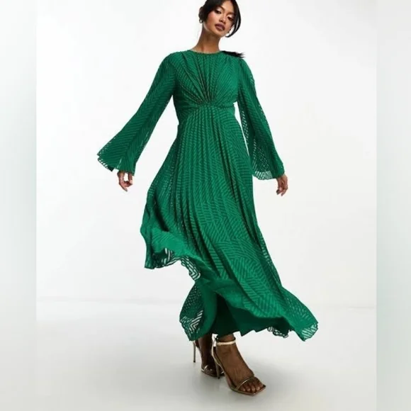 ASOS | Dresses | Asos Design Tie Back Fluted Sleeve Pleated Chevron Chiffon Midi Dress In Green | Poshmark ASOS | Dresses | Asos Design Tie Back Fluted Sleeve Pleated Chevron Chiffon Midi Dress In Green | Poshmark